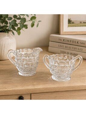Vintage Clear Glass Creamer and Sugar Bowl Set Honeycomb Design Small